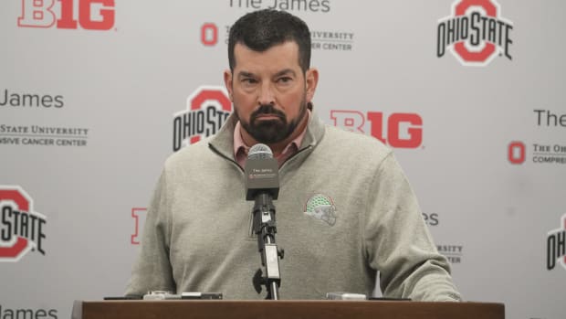 Dec 3, 2023; Columbus, Ohio, USA; Ohio State University footbal coach Ryan Day looks dejected as he describes getting shut out of the CFP and going to the Cotton Bowl to face Missouri.  
